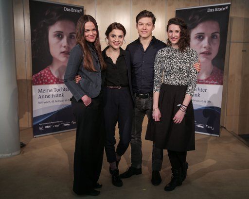 The leading actors (L-R) Hannah Schroeder as Auguste van Pels, Mala Emde as Anne Frank, Lion Wasczyk as Peter van Pels, and Rosalie Ernst as Margot Frankduring a photo shoot with the Hessian Broadcasting Corporation in Frankfurt am Main, Germany, 09 ...
