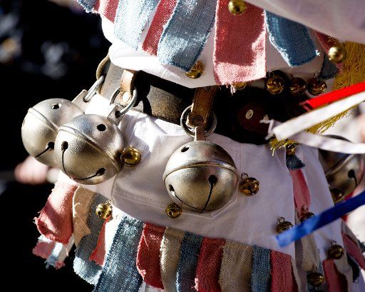 Traditional Carnival fools proceed through the town during Carnival celebrations in Mittenwald, Bavaria, Germany, 12 February 2015. According to an old custom the old winter ghosts are expelled with loud noises. Photo: Angelika Warmuth\/
