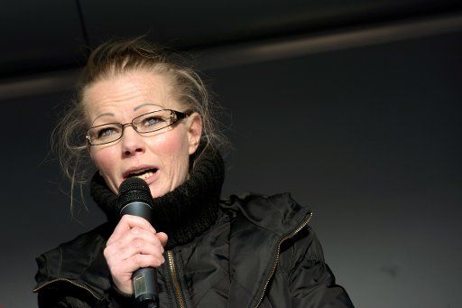 Pegida (Patriotic Europeans against the Islamization of the West) co-founder Kathrin Oertel speaks at a rally from the new association \
