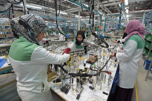 Tunisian employees work on a wiring harness for vehicles in the factory of the German car parts supplier Draexlmeier in Siliana, Tunisia, 28 April 2015. Photo: RAINER JENSEN\/