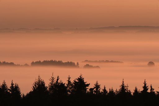 View of the Upper Swabian region between Horgenzell and Wilhelmsdorf, Germany, 25 September 2015, shrouded in thick fog at sunrise, with some treetops protruding. The picture was taken from Hoechsten mountain. Photo: FELIX KAESTLE\/