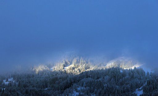 Sunlight pushes through the fog over the mountain forest at Ofterschwanger Horn mountain near Ofterschwang, Germany, 26 February 2016. Photo: Karl-Josef Hildenbrand\/