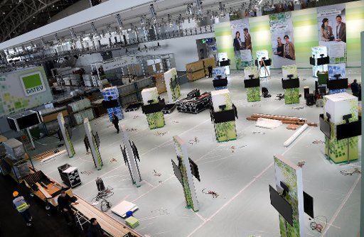 An exhibition booth is set up in hall 2 for the upcoming CeBIT computer show in Hanvoer, Germany, 08 March 2016. Photo: HOLGER HOLLEMANN\/