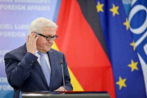 German Foreign Minister Frank-Walter Steinmeier (SPD, L) and Georgian Foreign Minister Mikheil Janelidze (not pictured) speak during a press conference after their meeting at the foreign office in Tbilisi, Georgia, 01 July 2016. Frank-Walter ...