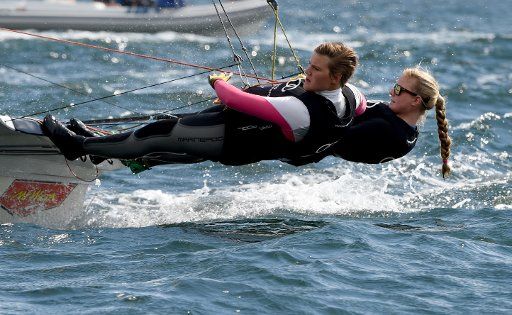 Ann Kristin (R) and Pia Sophie Wedemeyer in action during the 49 FX race at Kiel Week in Kiel, Germany, 26 June 2016. The annual Kiel Week runs from 18 June to 26 June 2016, the largest sailing event in the world, with around 4000 sailboats ...