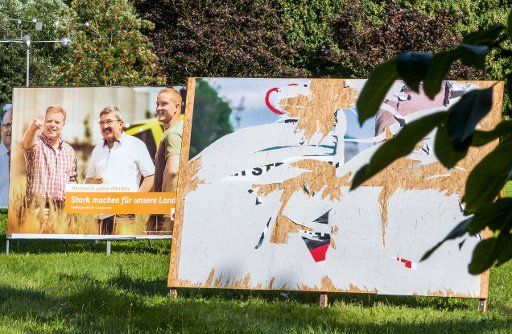 Destroyed posters for the state election in Mecklenburg-Western Pommerania ca be seen in Schwerin, Germany, 10 August 2016. PHOTO: JENS BUETTNER\/