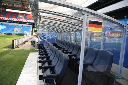 View on the German bench at the Ullevaal stadium in Oslo, Norway, 03 September 2016. Germany will play a FIFA World Cup qualifying match against Norway on 04 September in Oslo. Photo: Federico Gambarini\/