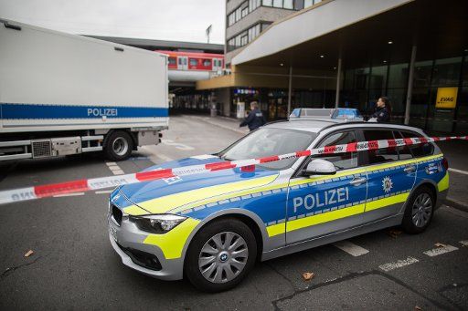 Police vehicles blocking a street at the central station in Essen, Germany, 28 September 2016. The closure of the Essen central station due to an abandoned suitcase has been lifted. The suspiscious luggage with a sticker reading \