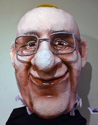 EXCLUSIVE - A papier mache head of Pope Francis, made by artist Jacques Tilly, can be seen in the foyer of the chamber of crafts as part of the exhibition \