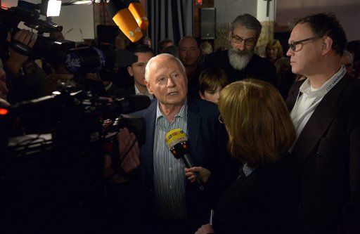 The Left Party top candidate Oscar Lafontaine is interviewed during an election party of the Left Party in Saarbruecken, Germany, 26 March 2017. Photo: Harald Tittel\/