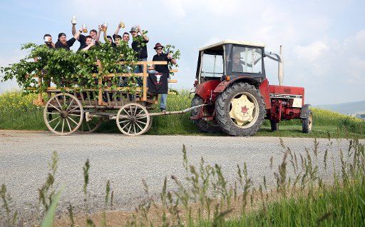 A group of men is on its way on a tractor and a decorated trailer during their "Father\