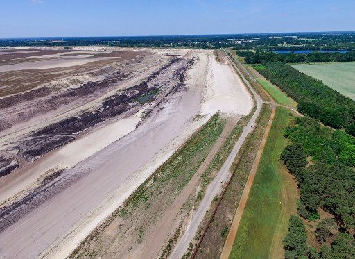 View of the former brown coal mine Cottbus-Nord near Cottbus, Germany, 2 June 2017. (Photo made by a drone). The pit is said to become the biggest artificial lake in Germany with roughly 19 square kilometers of water - The Cottbus Baltic Sea (\