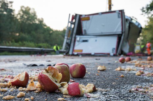 After an accident involving a truck on the motorway A27, apples have been lying around at the side of the street between Walsrode and Verden, Germany, 21 July 2017. The container from the Netherlands was carrying 22 tons of apples - the motorway has ...