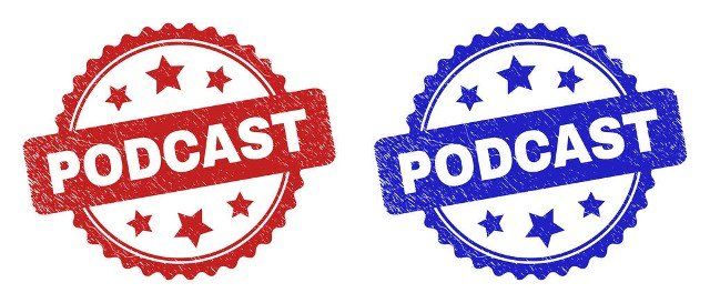 Rosette PODCAST seal stamps. Flat vector distress seal stamps with PODCAST phrase inside rosette with stars, in blue and red color versions. Rubber imitations with unclean texture.