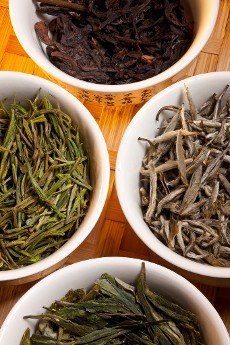 A selection of Chinese Herbal Teas. They are; Ji Xin Yi Wu, Anji Bai Cha, Jasmine Silver Needle and Dragon Well Long Jing.