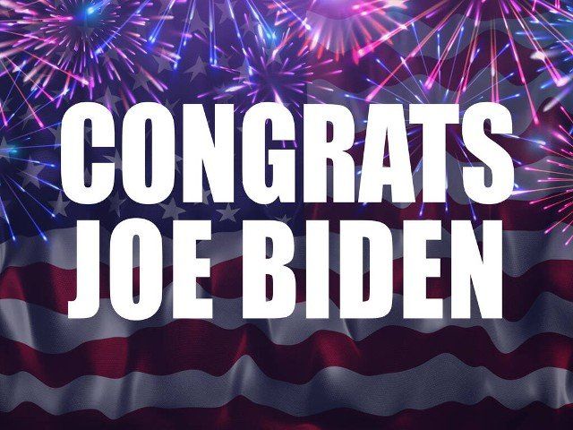 Congratulatory Message to Joe Biden, the President-Elect of the United States. Flag background with celebratory fireworks concept.