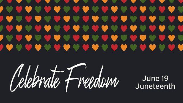 Vector banner Juneteenth - celebration ending of slavery in USA, African American Emancipation Day. Text Celebrate Freedom. pattern with hearts in African colors - red, green, yellow on black background.