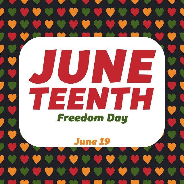 Juneteenth - celebration ending of slavery in USA, African American Emancipation Day - June 19. Vector Seamless pattern with hearts in African colors - red, green, yellow.  Greeting card, template