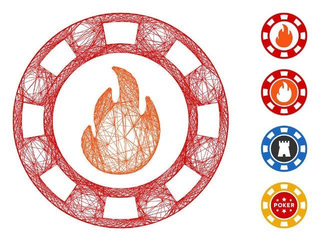 Vector network fire casino chip. Geometric linear carcass 2D network made from fire casino chip icon, designed from crossing lines. Some bonus icons are added.