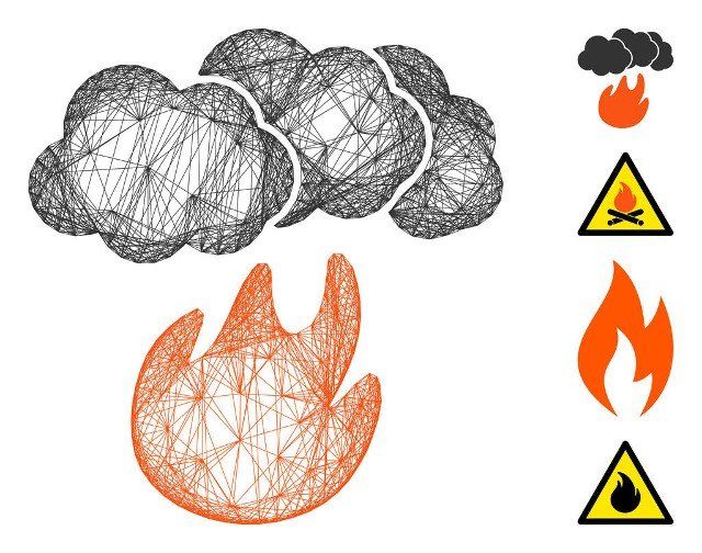Vector net fire with smoke. Geometric hatched frame flat net generated with fire with smoke icon, designed with crossing lines. Some bonus icons are added.