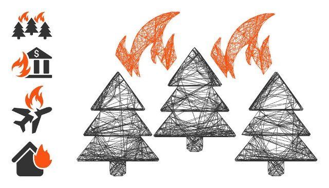 Vector wire frame forest fire disaster. Geometric wire frame 2D network made from forest fire disaster icon, designed from intersected lines. Some bonus icons are added.