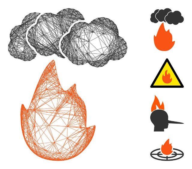 Vector wire frame flame with smoke. Geometric linear frame flat net generated with flame with smoke icon, designed with intersected lines. Some bonus icons are added.