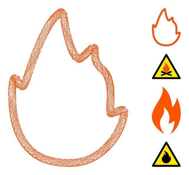 Vector wire frame fire contour. Geometric wire frame flat net based on fire contour icon, designed with intersected lines. Some bonus icons are added.