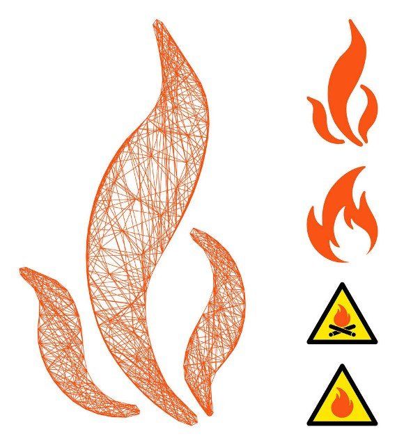 Vector net flame. Geometric hatched frame 2D net generated with flame icon, designed with crossed lines. Some bonus icons are added.