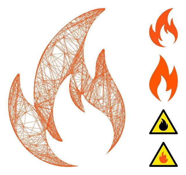Vector wire frame flame. Geometric wire carcass flat net made from flame icon, designed from intersected lines. Some bonus icons are added.