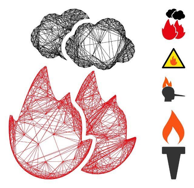 Vector network fire with smoke. Geometric hatched frame flat network made from fire with smoke icon, designed from crossing lines. Some bonus icons are added.