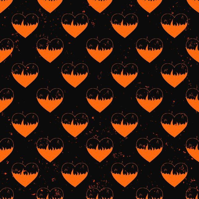 seamless pattern of hearts in flame painted on grunge cement wall background with flame sparks - love concept Abstract heart shapes with filled flame paths and unfilled outlines.