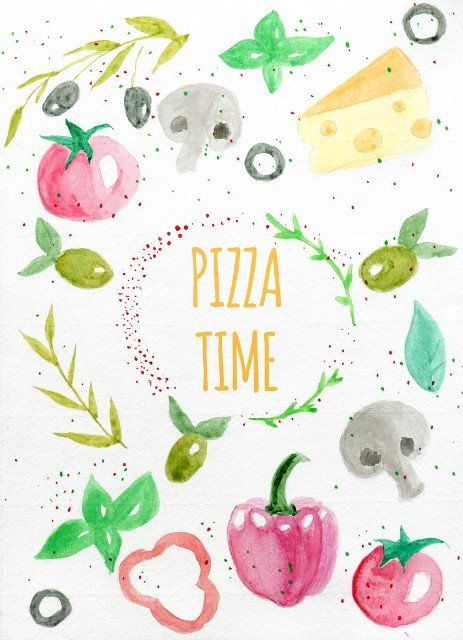 Pizza watercolor poster hand drawn with stains and smudges Pizza tim
