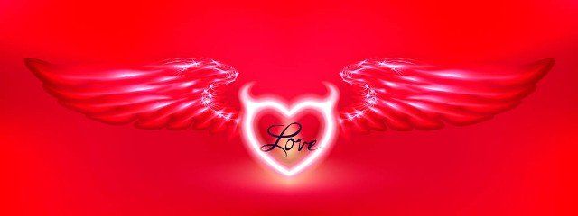 Red imp or devil heart with horns and wings on red background. Glowing fantasy, Valentines day inscription love. Luxury greeting card. Glow Halloween night. Vector art, illumination illustration Eps10