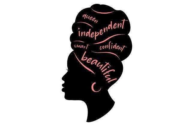 Black woman Silhouette. African American girl in a head wrap and with an earring. Beautiful girl profile. Decorated with hand written text. Vector clipart isolated on white.