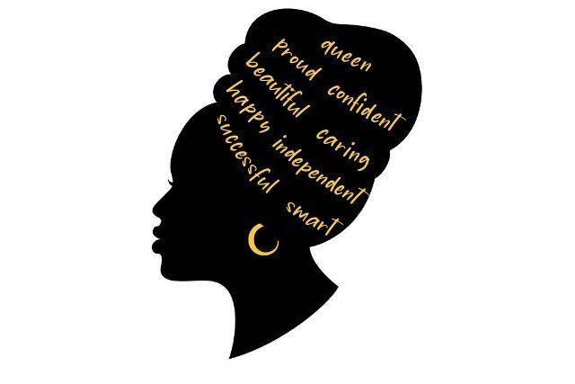 Black woman Silhouette. African American girl in a head wrap and with an earring. Beautiful girl profile. Decorated with hand written text. Vector clipart isolated on white.
