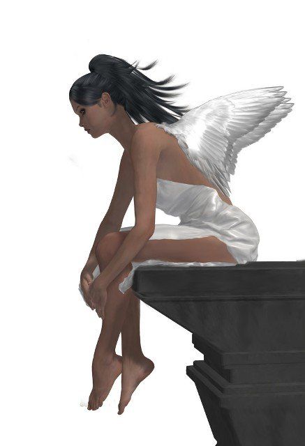 Angel sitting on a ledge, looking down