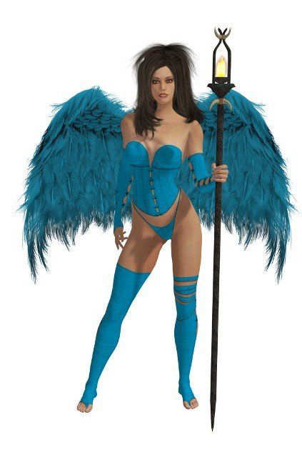 Baby blue winged angel with dark hair standing holding a torch