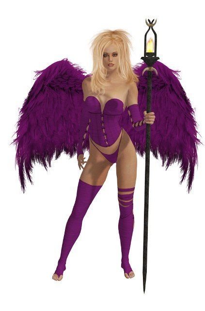 Purple winged angel with blonde hair standing holding a torch