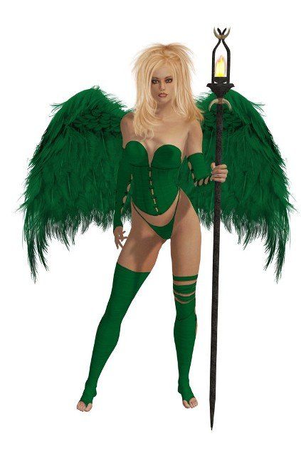 Green winged angel with blonde hair standing holding a torch