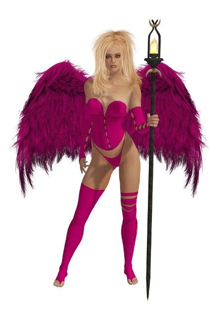 Pink winged angel with blonde hair standing holding a torch