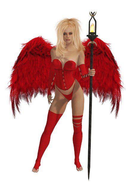 Red winged angel with blonde hair standing holding a torch