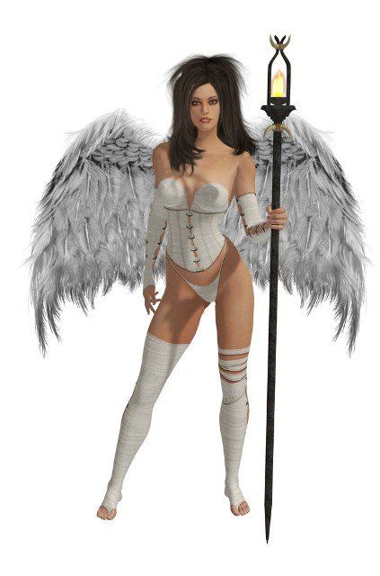 White winged angel with dark hair standing holding a torch
