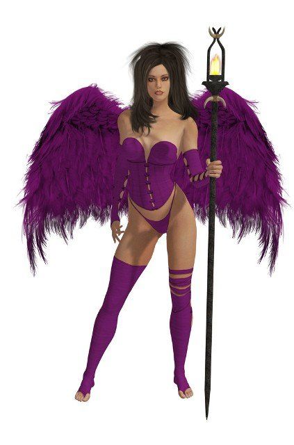 Purple winged angel with dark hair standing holding a torch
