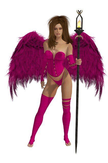 Pink winged angel with brunette hair standing holding a torch
