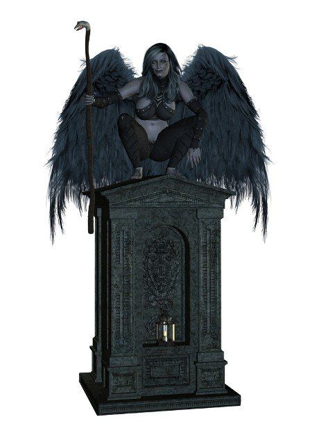 Angel of death, sitting on a tomb with wings spread