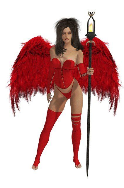 Red winged angel with dark hair standing holding a torch