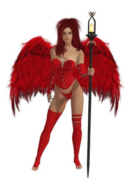 Red winged angel with red hair standing holding a torch
