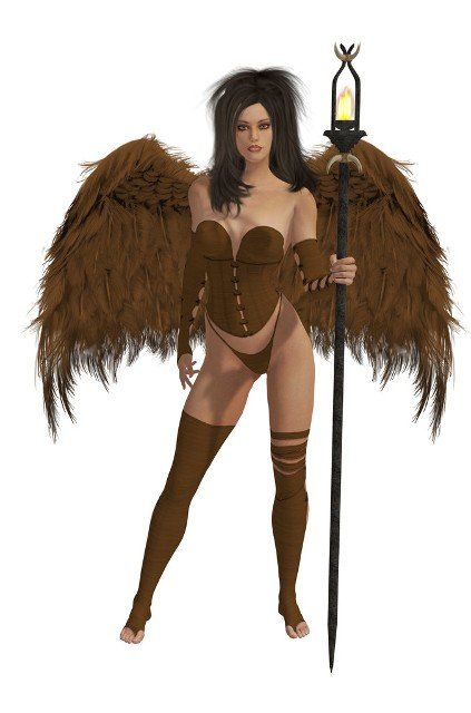 Brown winged angel with dark hair standing holding a torch