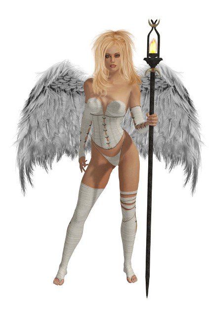 White winged angel with blonde hair standing holding a torch