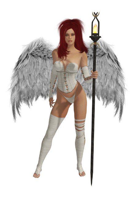 White winged angel with red hair standing holding a torch